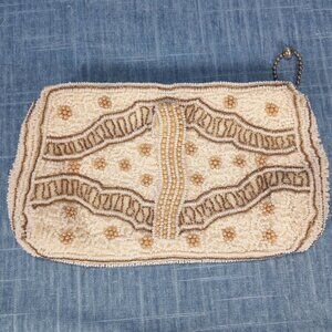 1930s Cream Hand Beaded Pearl Wrist Dancing Clutch with Original Mirror